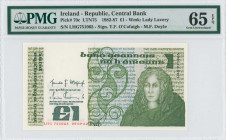 IRELAND / REPUBLIC: 1 Pound (9.9.1982) in dark olive-green and green on multicolor unpt with Queen Medb at right. S/N: "LHG 751065". WMK: Lady Lavery....