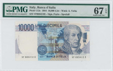 ITALY: 10000 Lire (1984) in dark blue on multicolor unpt with lab instrument at center and A Volta at right. S/N: "VF 885412 E". Signatures by Fazio a...