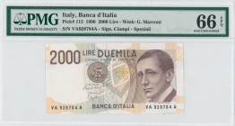 ITALY: 2000 Lire (1990) in dark brown on multicolor unpt with arms at left center and G Marconi at right. S/N: "VA 928784 A". WMK: G Marconi. Inside h...