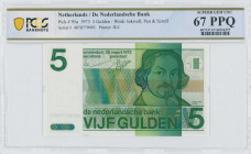 NETHERLANDS: 5 Gulden (28.3.1973) in dark green on green and multicolor unpt with Joost van den Vondel at right. S/N: "4078779993". WMK: Inkwell, quil...