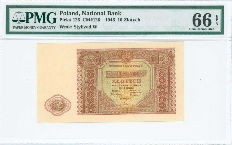 POLAND: 10 Zlotych (15.5.1946) in red-brown on green and gold unpt with eagle at...