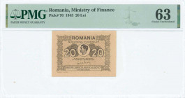 ROMANIA: 20 Lei (1945) in brown on light brown unpt with portrait of King Michael at center. Inside holder by PMG "Choice Uncirculated 63 / Small Tear...