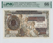 SERBIA: 1000 Dinara overprinted on 500 Dinara (1.5.1941) in brown and multicolor with three seated women at center. S/N: "I.0134 633". WMK: Man head. ...
