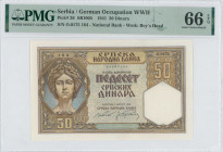 SERBIA: 50 Dinara (1.8.1941) in brown and multicolor with portrait of woman at left. S/N: "O.0175 164". WMK: Boy Head. Inside holder by PMG "Gem Uncir...