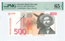 SLOVENIA: 500 Tolarjev (15.1.1992) in black, red and brown-orange on multicolor unpt with Joze Plecnik at right. S/N: "BF 765595". WMK: Plecnik. Print...