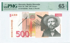 SLOVENIA: 500 Tolarjev (15.1.2005) in black, red and brown-orange on multicolor unpt with Joze Plecnik at right. S/N: "BV 820566". WMK: Plecnik. Print...