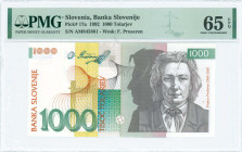 SLOVENIA: 1000 Tolarjev (15.1.1992) in brownish black, deep green and brown-orange on multicolor unpt with France Preseren at right. S/N: "AM 845881"....
