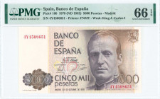 SPAIN: 5000 Pesetas (23.10.1979) in brown and purple on multicolor unpt with King Juan Carlos I at right. S/N: "4Y 4508651". WMK: Juan Carlos I. Print...
