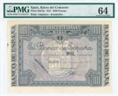 SPAIN: Remainder of 1000 Pesetas (1.1.1937) in lilac. Without local bank inmprint. WMK: Airplanes. Inside holder by PMG "Choice Uncirculated 64 / Smal...