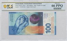 SWITZERLAND: 100 Franken (2017) in blue with hands holding water. S/N: "17O 3943464". Signatures by Studer and Jordan. Printed by Orell Fussli. Inside...