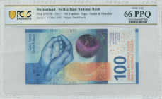 SWITZERLAND: 100 Franken (2017) in blue with hands holding water. S/N: "17O 0011593". Signatures by Jean Studer and Andrea Maechler. Printed by Orell ...