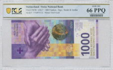 SWITZERLAND: 1000 Franken (2017) in multicolor with two hands shaking in greeting. S/N: "17A 0875122". Signatures by Studer and Jordan. Printed by Ore...