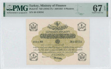TURKEY: 5 Piastres (Law AH1332 / ND 1916-17) on olive unpt. S/N: "48 418554". Inside holder by PMG "Superb Gem Uncirculated 67 EPQ". Top pop in PMG. (...