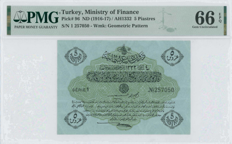 TURKEY: 5 Piastres (Law AH1332 // ND 1916-17) with black text on green unpt. S/N...