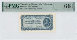 YUGOSLAVIA: 5 Dinara (1944) in blue with soldier with rifle at right. Thin vertical security thread. Inside holder by PMG "Gem Uncirculated 66 EPQ". (...