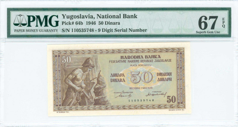 YUGOSLAVIA: 50 Dinara (1.5.1946) in brown on multicolor unpt with miner at left....