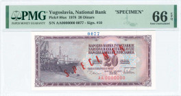 YUGOSLAVIA: 20 Dinara (12.8.1978) in purple on multicolor unpt with ship dockside at left. S/N: "AA 0000000". Red diagonal ovpt "SPECIMEN" on face and...