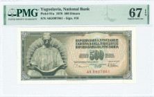 YUGOSLAVIA: 500 Dinara (12.8.1978) in dark olive-green on multicolor unpt with statue of Nicola Tesla seated with open book at left. S/N: "AK 5907861"...