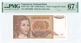 YUGOSLAVIA: 10000 Dinara (1992) in shades of brown and salmon on tan unpt with young girl at left and National Bank monogram at center. S/N: "AD 91566...