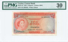 CEYLON: 5 Rupees (16.10.1954) in orange on aqua, green and brown unpt with portrait of Queen Elizabeth II at left. S/N: "G/15 368422". WMK: Chinze. Pr...