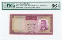 IRAN: 100 Rials (SH1342 / 1963) in maroon on light green and multicolor unpt with type VI portrait of Shah Pahlavi at right. S/N: "6/321627". WMK: You...