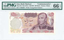 IRAN: 100 Rials (SH1350 / 1971) in maroon on orange and multicolor unpt with type VIII portrait of Shah Pahlavi in the "Commander in Chief" of Iranian...