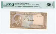 JORDAN: 1/2 Dinar (Law 1959) in brown on multicolor unpt with King Hussein at left. S/N: "TA 895814". WMK: King Hussein wearing kuffiyeh. Printed by T...