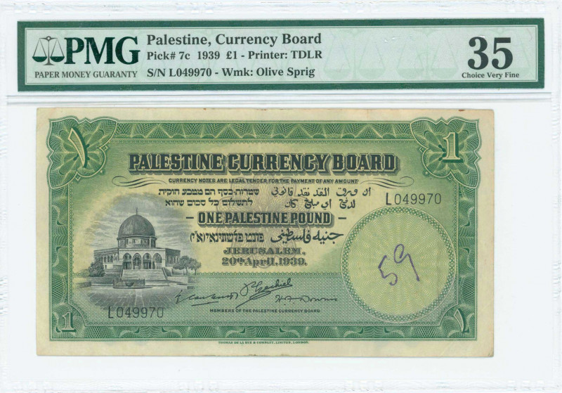 PALESTINE: 1 Pound (20.4.1939) in green and black with Dome of the Rock at left....