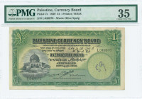 PALESTINE: 1 Pound (20.4.1939) in green and black with Dome of the Rock at left. S/N: "L049970". WMK: Olive sprig. Printed by TDLR. Inside holder by P...