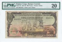 BELGIAN CONGO: 500 Francs (1.6.1959) in brown-violet on multicolor unpt with ships dockside at Leo-Kinshasa wharf at center. S/N: "B 019754". WMK: Lio...