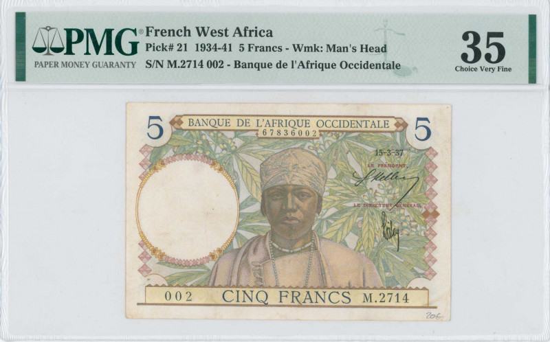 FRENCH WEST AFRICA: 5 Francs (15.3.1937) in multicolor with man at center. Low S...