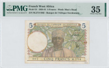 FRENCH WEST AFRICA: 5 Francs (15.3.1937) in multicolor with man at center. Low S/N: "M.2714 002". WMK: Man head. Inside holder by PMG "Choice Very Fin...