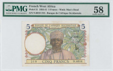 FRENCH WEST AFRICA: 5 Francs (10.3.1938) in multicolor with man at center. S/N: "N.6016 218". WMK: Man head. Inside holder by PMG "Choice About Unc 58...