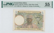 FRENCH WEST AFRICA: 5 Francs (6.5.1942) in multicolor with man at center and value, date and signature in black. S/N: "T.9652 331". WMK: Man head. Ins...