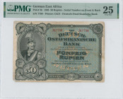 GERMAN EAST AFRICA: 50 Rupien (15.6.1905) in black on blue unpt with portrait of Kaiser Wilhelm II in cavalry uniform at left. Two S/Ns: "7798" both o...