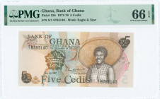 GHANA: 5 Cedis (4.7.1977) in brown on multicolor unpt with woman with straw hat at right. S/N: "S/1 8783140". WMK: Eagle head above star. Signature #7...