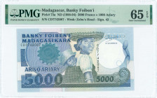 MADAGASCAR: 5000 Francs (1000 Ariary) (ND 1993) in blue on multicolor unpt with Malagasy woman carrying child at center. S/N: "CD 7742087". WMK: Head ...