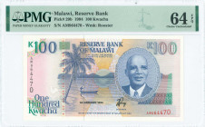 MALAWI: 100 Kwacha (1.1.1994) in blue, green and dark brown on multicolor unpt with portrait of President Hastings Banda. S/N: "AM 964470". WMK: Roost...
