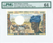 MALI: 5000 Francs (ND 1972-84) in multicolor with Fulani herdsman with turban at right and cattle at center left. S/N: "J.4 93892". WMK: Man head. Sig...