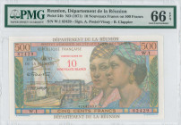 REUNION: 10 Nouveaux Francs on 500 Francs (ND 1971) in multicolor with two girls at right and sailboat with ovpt at left. S/N: "W.1 82429". WMK: Woman...
