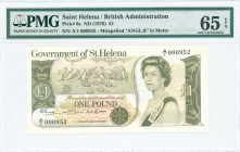 SAINT HELENA: 1 Pound (ND 1976) in deep olive-green on pale and ochre unpt with Queen Elizabeth II at right. Low S/N: "A/1 000952". Misspelled "ANGLAE...