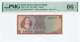 SOUTH AFRICA: 1 Rand (ND 1967) in dark reddish brown on multicolor unpt with Jan van Riebeeck at left. S/N: "B349 667557". WMK: Springbok. Signature #...