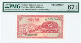 SUDAN: Specimen of 25 Piastres (1964-66) in red on multicolor unpt with soldiers in formation at left. S/N: "A/00 0000000". Red diagonal ovpt "CANCELL...