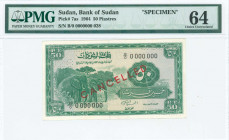 SUDAN: Specimen of 50 Piastres (1964) in green on multicolor unpt with elephants at left. S/N: "B/0 0000000". Red diagonal ovpt "CANCELLED" at center....