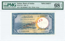SUDAN: Specimen of 1 Pound (20.1.1966) in green on multicolor unpt with dam at left. S/N: "C/00 0000000". Red diagonal ovpt "CANCELLED" at center. A p...