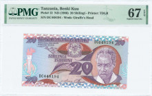 TANZANIA: 20 Shilingi (ND 1986) in purple and brown on multicolor unpt with President Julius Kambarage Nyerere at right and arms at upper center. S/N:...