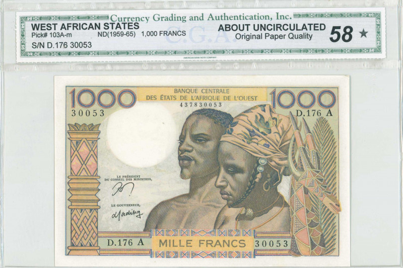 WEST AFRICAN STATES / IVORY COAST: 1000 Francs (ND 1959-1965) in brown, blue and...