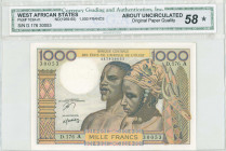 WEST AFRICAN STATES / IVORY COAST: 1000 Francs (ND 1959-1965) in brown, blue and multicolor with man and woman at center. S/N: "D.176 30053". Code let...