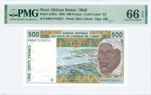 WEST AFRICAN STATES / MALI: 500 Francs (1998) in dark brown and dark green on multicolor unpt with flood control dam at center and man at right. S/N: ...