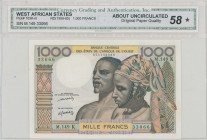 WEST AFRICAN STATES / SENEGAL: 1000 Francs (ND 1959-65) in brown, blue and multicolor with man and woman at center. S/N: "M.149 33066". Code letter K....